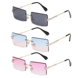 3-Paar rahmenlose Damensonnenbrille, rechteckige modische Retro-Sonnenbrille, Unisex-Schutzbrille, um starkem Licht zu widerstehen, geeignet für Fotografie und Sport (Lila, Blau-rosa, Schwarz) von MEMOFYND