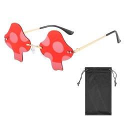 MEMOFYND 1 Stück randlose Pilz-Sonnenbrille, 1 Aufbewahrungstasche, Rave-Party-Brille, modische Sonnenschutz-Sonnenbrille, unregelmäßige Linse, Unisex (rot) von MEMOFYND