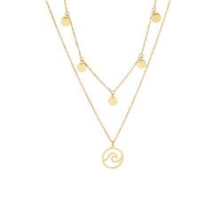 MENDOZZA Damen Hals-Kette Double Layer Petite Collection Wellen Anhänger Edelstahl Collier 18 Karat Damen-Schmuck 5 Coin Wave Gold 46 cm von MENDOZZA