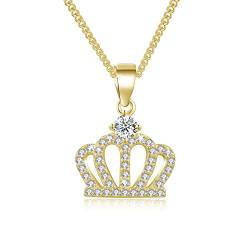 MENDOZZA Damen Kette Krone Anhänger 925er Silber Halskette Crown Queen Zirkonia Gold 50 cm von MENDOZZA