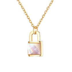 MENDOZZA Halskette Damen Schloss Kette Perlmutt Edelstahl Schmuck Padlock-Anhänger Gold 45 cm von MENDOZZA