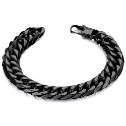 MENDOZZA Herren Edelstahlarmband Panzerkette Cuban Link Armband 10mm breit Karabinerverschluss Schwarz 21cm von MENDOZZA