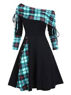 MENGQING Convertible Cinched Gestreiftes ausgestelltes Kleid Foldover Off The Shoulder Strickkleider Damen Langarm - Grün0501,M von MENGQING