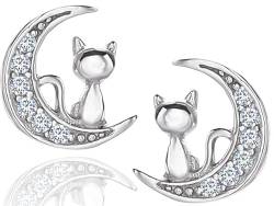 MENNICA BYDGOSKA Ohrringe Silber 925 Katzen auf einem Halbmond mit Diamant Zirkonia für Mädchen Damen Verschluss Ohrstecker Nickelfrei Geschenk Rhodiniert von MENNICA BYDGOSKA