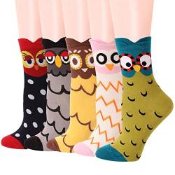 MEOKEY Damen Socken Baumwolle 5 Paar,Eule Motive Cartoon Tier,Thermal Atmungsaktiv Weich Baumwollsocken Sneaker Socken Kurzsocken Sportsocken Frauen von MEOKEY