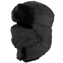 MEOKEY Fliegermütze Wintermütze Unisex,Trappermütze mit Gesichtsmaske & Ohrenklappen, Fliegermütze aus Kunstfell für Eislaufen, Skifahren und andere Outdoor-Aktivitäten - Schwarz von MEOKEY