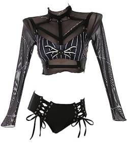 MEOWCOS Damen Bikini Sets Sexy Badeanzug Badeanzüge Neckholder Top und Shorts Bikini-Sets mit Tüll Cover Up, Schwarz, S von MEOWCOS.COM