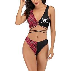 MEOWCOS Damen Bikini Sets Sexy Kreuz Schnürung Bademode Zweiteiliger Badeanzug Totenkopf Rot Kariert Muster Top und Shorts, Schwarz, S von MEOWCOS.COM