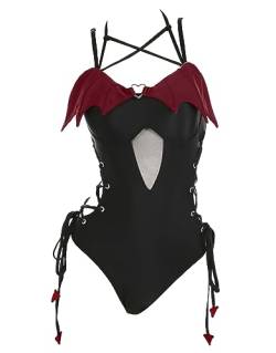 MEOWCOS Damen Einteiler Badeanzüge Gothic Badeanzug Teufelsflügel Bauchweg Badeanzug Einteiler Bademode, claret, Large von MEOWCOS.COM