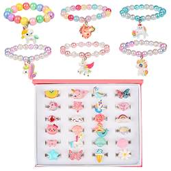 MEOWMEE Armbänder und Ringe für kleine Mädchen, 30 Stück Armband Ring Set Kinder Schmuck Set Bunt Perlen Armband mit Verstellbar Ringen für Kleinkinder Klein Mädchen Spiel Party Gefallen von MEOWMEE