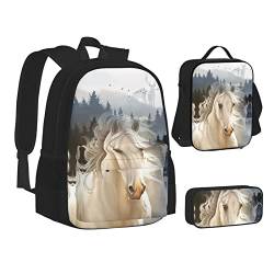MEPED Seestern mit Palmen-Aufdruck, Rucksack-Set mit Lunch-Tasche, Bleistift-Tasche, 3-teiliges Set, Rucksack, 1-Einheitsgröße, Weißes schönes Pferd, Einheitsgröße, Reiserucksäcke von MEPED