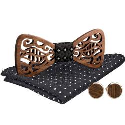 MERIT OCEAN Holzfliege Holz Fliege Herren Hohles Schwarze Walnuss Manschettenknöpfe Plaids Einstecktuch Set mit Box Bräutigam Trauzeuge Geschenk für Hochzeiten,Abschlussball,Partei Schwarz von MERIT OCEAN