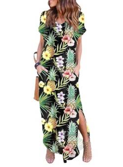 Damen V Ausschnitt Casual Lose Langes Kleid Kurzarm Split Maxi Sommer Strandkleid mit Taschen, Ananas, Groß von MERMAID'S CLOSET