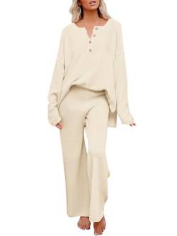 MEROKEETY Damen 2 Stück Outfit Sets Langarm Knopf Strick Pullover Pullover und Hose Lounge Sets, aprikose, S von MEROKEETY