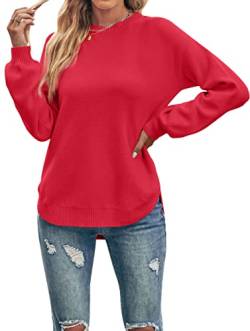 MEROKEETY Damen 2023 Herbst Lange Ballon Ärmel Rundhals Pullover Tops Waffel Strick Weiche Pullover Jumper, Rot/Ausflug, einfarbig (Getaway Solids), Klein von MEROKEETY