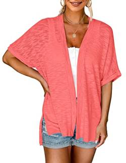 MEROKEETY Damen 2023 Sommer Leichte Cardigan Kurzarm Open Front Casual Loose Cover Ups, Koralle, Mittel von MEROKEETY