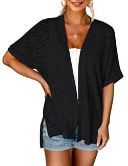 MEROKEETY Damen 2023 Sommer Leichte Cardigan Kurzarm Open Front Casual Loose Cover Ups, Schwarz, XX-Large von MEROKEETY