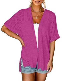 MEROKEETY Damen 2023 Sommer Leichte Strickjacke Kurzarm Offene Vorderseite Lässige Lose Cover Ups, Magenta, Mittel von MEROKEETY