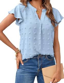 MEROKEETY Damen 2023 Sommer V-Ausschnitt Rüschen Kurzarm Bluse Swiss Dot Flowy Shirt Tunika Top, Blau, X-Groß von MEROKEETY