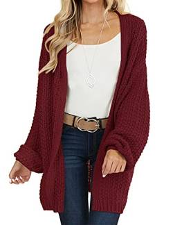 MEROKEETY Damen 2024 Herbst Open Front Grobstrickpullover Oversized Laternenärmel Cardigan Outwear, Wein, Klein von MEROKEETY