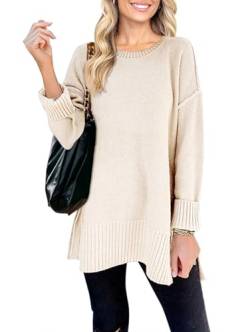 MEROKEETY Damen Casual Rundhals Side Split Pullover Sweater Lose Langarm Pullover Top, Beige, Klein von MEROKEETY