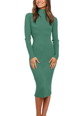 MEROKEETY Damen Geripptes Langarm Pulloverkleid Hoher Ausschnitt Slim Fit Gestricktes Midikleid, Dusty Green, Klein von MEROKEETY