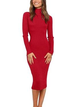 MEROKEETY Damen Geripptes Langarm Pulloverkleid Hoher Ausschnitt Slim Fit Gestricktes Midikleid, Rot/Ausflug, einfarbig (Getaway Solids), Klein von MEROKEETY