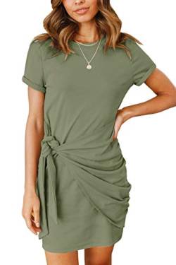 MEROKEETY Damen Kurzarm Rundhals T-Shirt Kleid Krawatte Taille Gerafft Bodycon Minikleid, Army Grün, Mittel von MEROKEETY