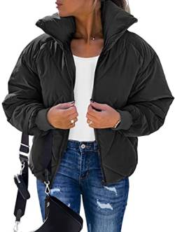 MEROKEETY Damen Langarm Reißverschluss Puffer Jacke Winter gesteppt kurzer Daunenmantel mit Taschen, Schwarz, M von MEROKEETY