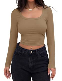 MEROKEETY Damen Langarm Square Neck Crop Top Gerippt Slim Fitted Y2K Casual T-Shirt Tops, Khaki, Klein von MEROKEETY