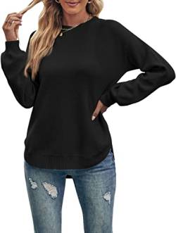 MEROKEETY Damen Lange Ballonärmel Rundhals Pullover Tops Waffelstrick Weich Pullover Pullover, schwarz, Klein von MEROKEETY