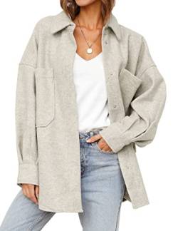 MEROKEETY Damen Oversized Langarm Shacket Jacke Button Down Wollmischung Mäntel mit Taschen, Haferflocken (Oatmeal), M von MEROKEETY