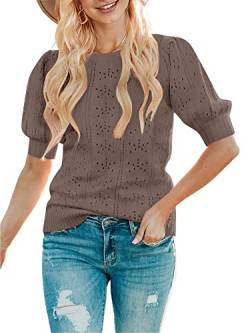 MEROKEETY Damen Puff Kurzarm Pullover Tops Rundhalsausschnitt Häkeln Strick Weich Pullover Shirt, mokka, Groß von MEROKEETY