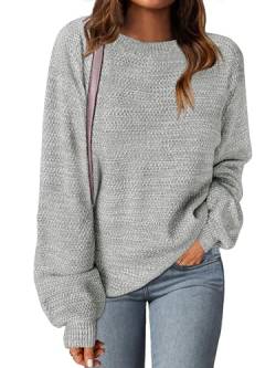 MEROKEETY Damen Rundhals Langarm Pullover Sweater Casual Lose Herbst Pullover Tops Strickwaren, GRAU, Klein von MEROKEETY