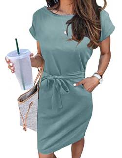MEROKEETY Damen-Sommerkleid, gestreift, kurzärmelig, lässig, Taillenband mit Taschen, Solider Salbei, Mittel von MEROKEETY