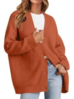 MEROKEETY Damen Strickjacke Pullover 2023 Herbst Open Front Oversized Knopf V-Ausschnitt Lose Weiche Strick Outwear, Rost, X-Groß von MEROKEETY
