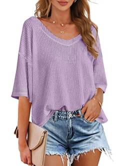 MEROKEETY Damen V-Ausschnitt Batwing Halbarm Shirts Waffelstrick Lose Bluse Einfarbig Tops, Violett, X-Groß von MEROKEETY