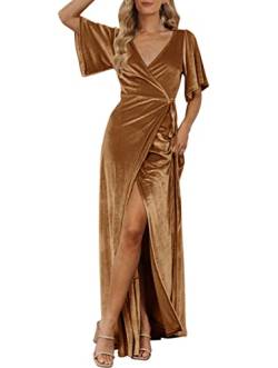 MEROKEETY Damen V-Ausschnitt Wrap Samt Maxikleid Glockenärmel Split Brautjungfer Cocktail Party Kleider, Gold, Large von MEROKEETY