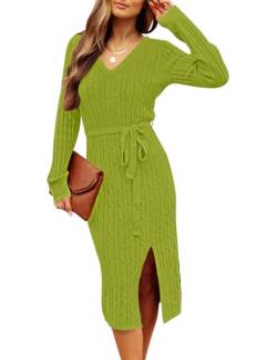 MEROKEETY Damen V-Ausschnitt Zopfmuster Pulloverkleid Langarm Bodycon Schlitz Pullover Midikleid mit Gürtel, Avocado, Mittel von MEROKEETY