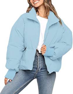 MEROKEETY Damen Winter Langarm Reißverschluss Puffer Jacke Taschen Baggy Kurze Daunenmäntel, Blau, Small von MEROKEETY