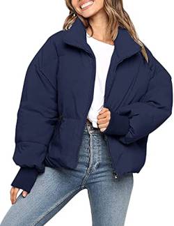 MEROKEETY Damen Winter Langarm Reißverschluss Puffer Jacke Taschen Baggy Kurze Daunenmäntel, Marineblau, S von MEROKEETY