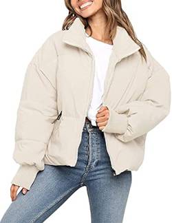 MEROKEETY Damen Winter Langarm Reißverschluss Puffer Jacke Taschen Baggy Kurze Daunenmäntel, beige, X-Small von MEROKEETY