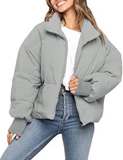 MEROKEETY Damen Winter Langarm Reißverschluss Puffer Jacke Taschen Baggy Kurze Daunenmäntel, grau, Small von MEROKEETY