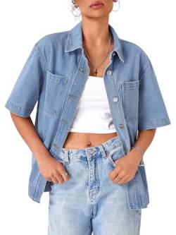 MEROKEETY Kurzärmeliges Jeanshemd für Damen, V-Ausschnitt, übergroß, lässig, mit Kragen, Hell, blau, Klein von MEROKEETY