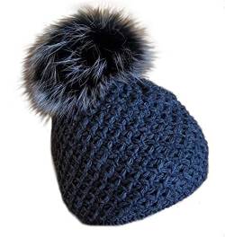 MERRYLAND Mütze Echtfellbommel Pudelmütze ECHTFELL Bommelmütze Hat Real Fur Handmade Fellbommel Echt Fell Strickmütze Bommel Pelzbommel Waschbär Raccoon Pelz von MERRYLAND