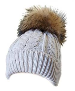 MERRYLAND Mütze Echtfellbommel Pudelmütze ECHTFELL Bommelmütze Hat Real Fur Handmade Fellbommel Echt Fell Strickmütze Bommel Pelzbommel Waschbär Raccoon Pelz von MERRYLAND