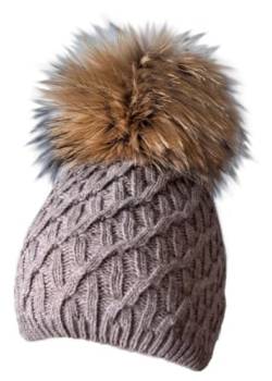 MERRYLAND Mütze Echtfellbommel Pudelmütze ECHTFELL Bommelmütze Hat Real Fur Handmade Fellbommel Echt Fell Strickmütze Bommel Pelzbommel Waschbär Raccoon Pelz von MERRYLAND