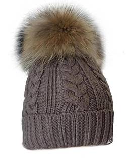 MERRYLAND Mütze Echtfellbommel Pudelmütze ECHTFELL Bommelmütze Hat Real Fur Handmade Fellbommel Echt Fell Strickmütze Bommel Pelzbommel Waschbär Raccoon Pelz von MERRYLAND