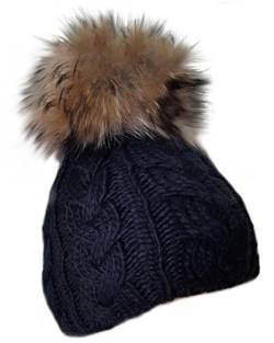 MERRYLAND Mütze Echtfellbommel Pudelmütze ECHTFELL Bommelmütze Hat Real Fur Handmade Fellbommel Echt Fell Strickmütze Bommel Pelzbommel Waschbär Raccoon Pelz von MERRYLAND