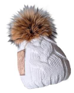 MERRYLAND Mütze Echtfellbommel Pudelmütze ECHTFELL Bommelmütze Hat Real Fur Pompom Beanie Fellbommel Echt Fell Strickmütze Bommel Pelzbommel Waschbär Raccoon Pelz von MERRYLAND